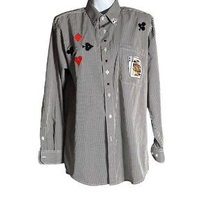 Get Lucky Womens Button Down Shirt Striped Small Embroidered Cards Black Small